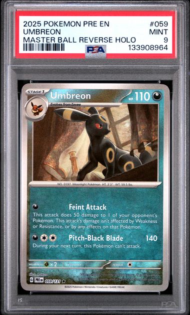 2025 POKEMON PRE EN-PRISMATIC EVOLUTIONS #059 UMBREON MASTER BALL REVERSE HOLO PSA 9