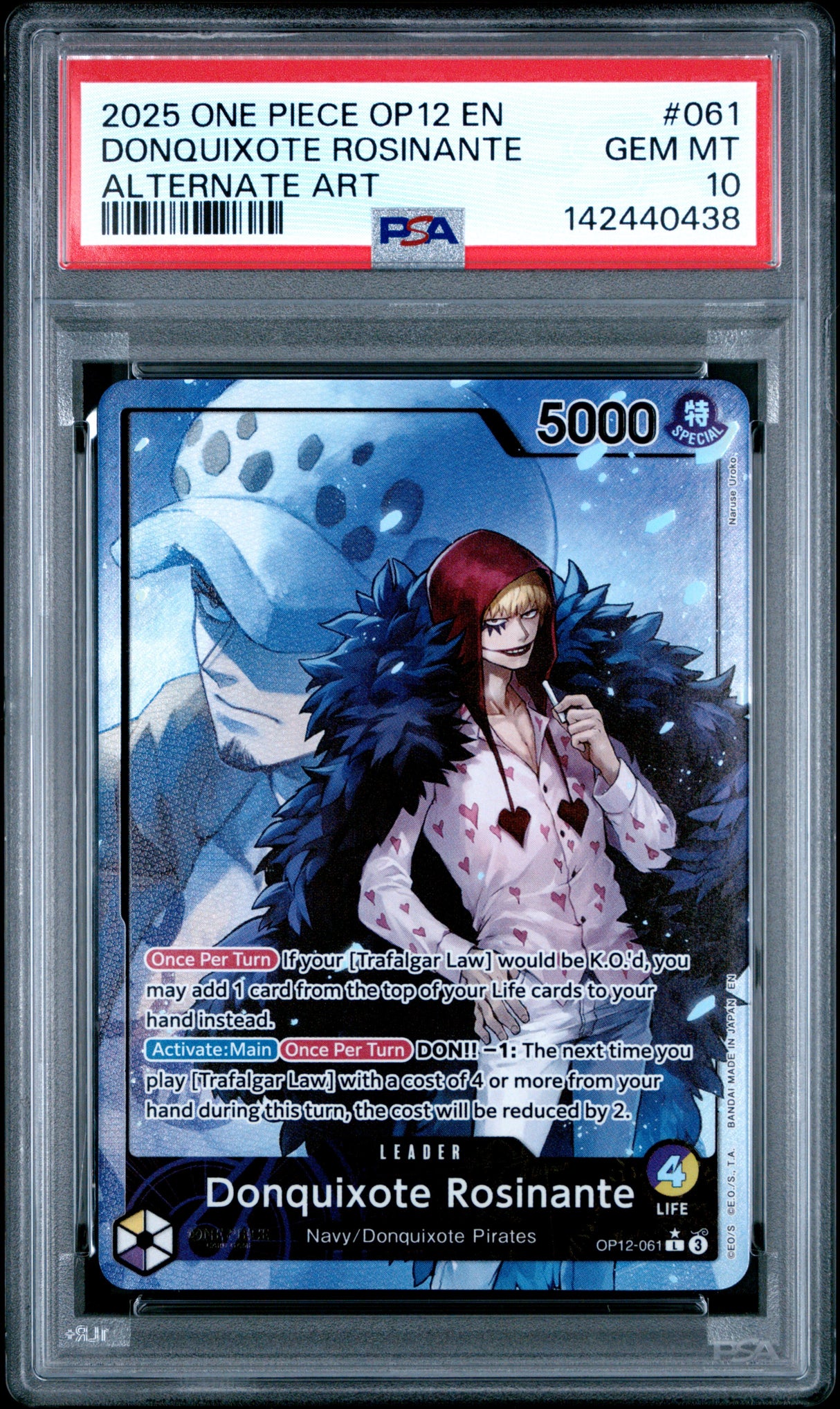 2025 ONE PIECE OP12-LEGACY OF THE MASTER #061 DONQUIXOTE ROSINANTE ALTERNATE ART PSA 10
