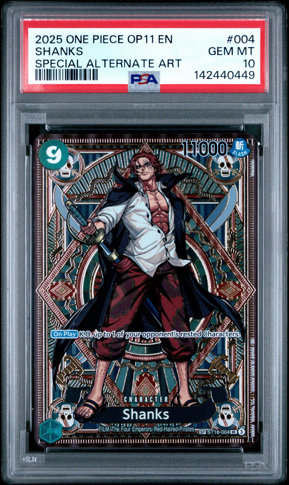 2025 ONE PIECE OP11-A FIST OF DIVINE SPEED #004 SHANKS SPECIAL ALTERNATE ART PSA 10