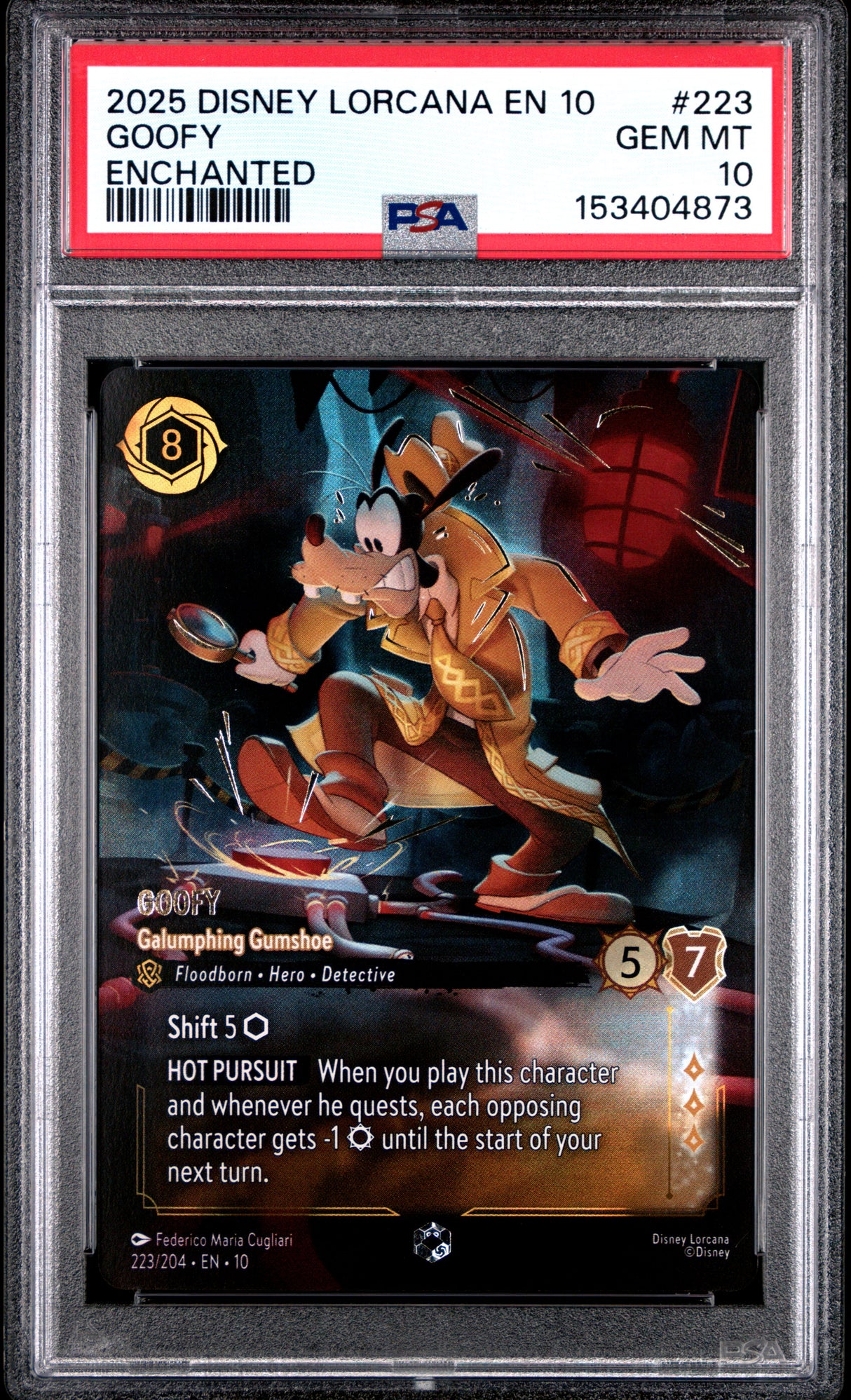 2025 DISNEY LORCANA EN 10-WHISPERS IN THE WELL #223 GOOFY ENCHANTED PSA 10