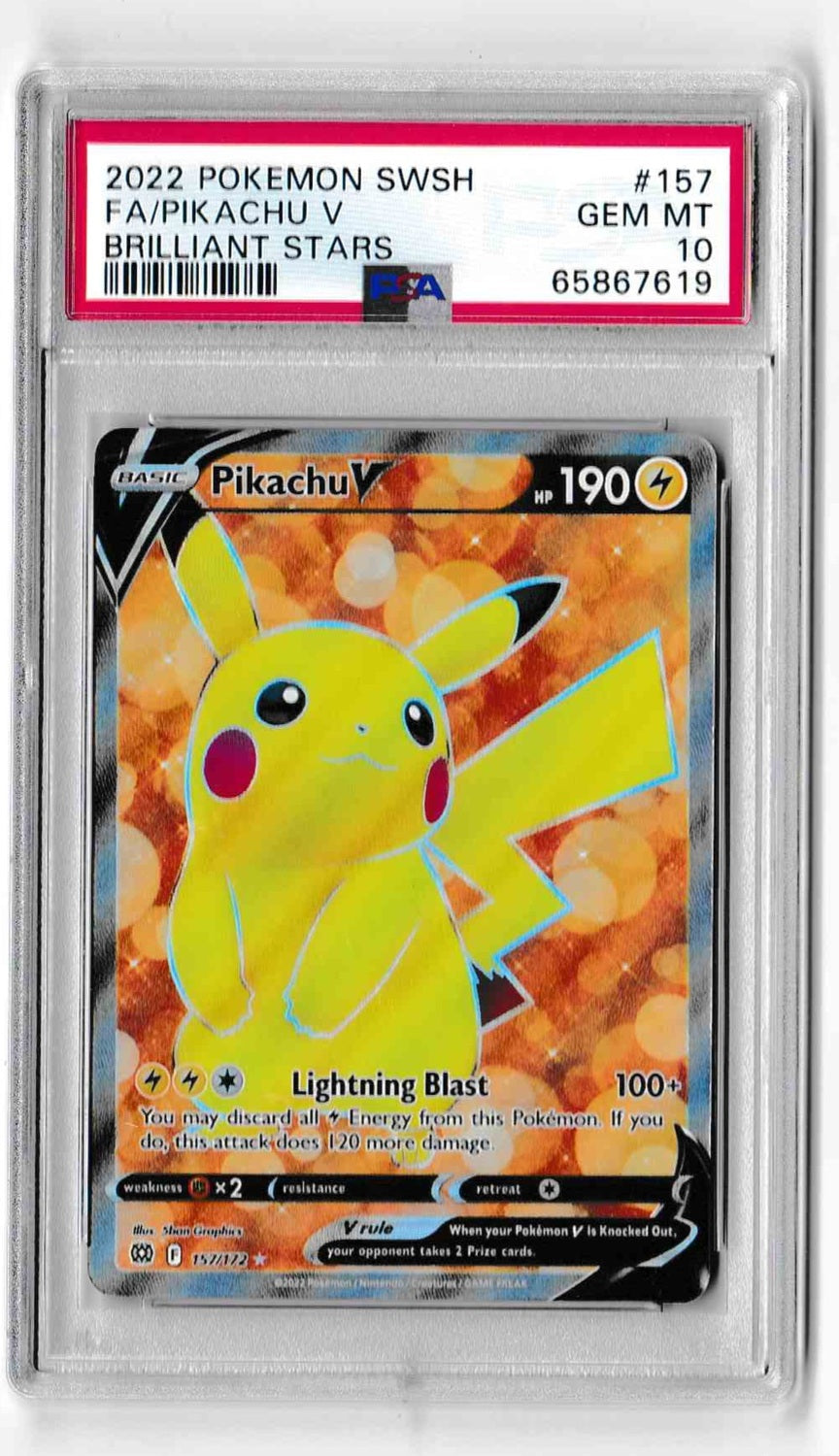 Pokemon Sword and Shield Brilliant Stars 157 Full Art/Pikachu V PSA GEM MINT 10
