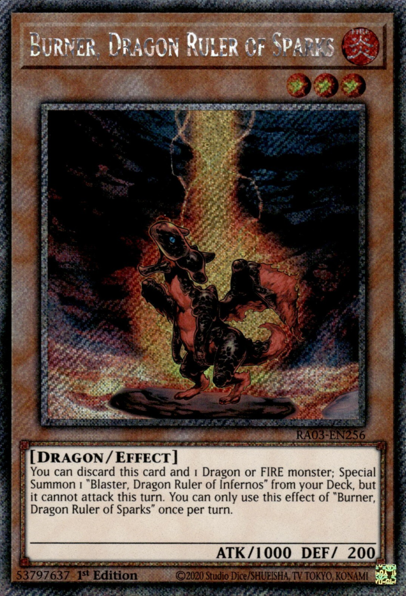 Quarter Century Bonanza RA03-EN256 Burner, Dragon Ruler of Sparks Platinum Secret Rare