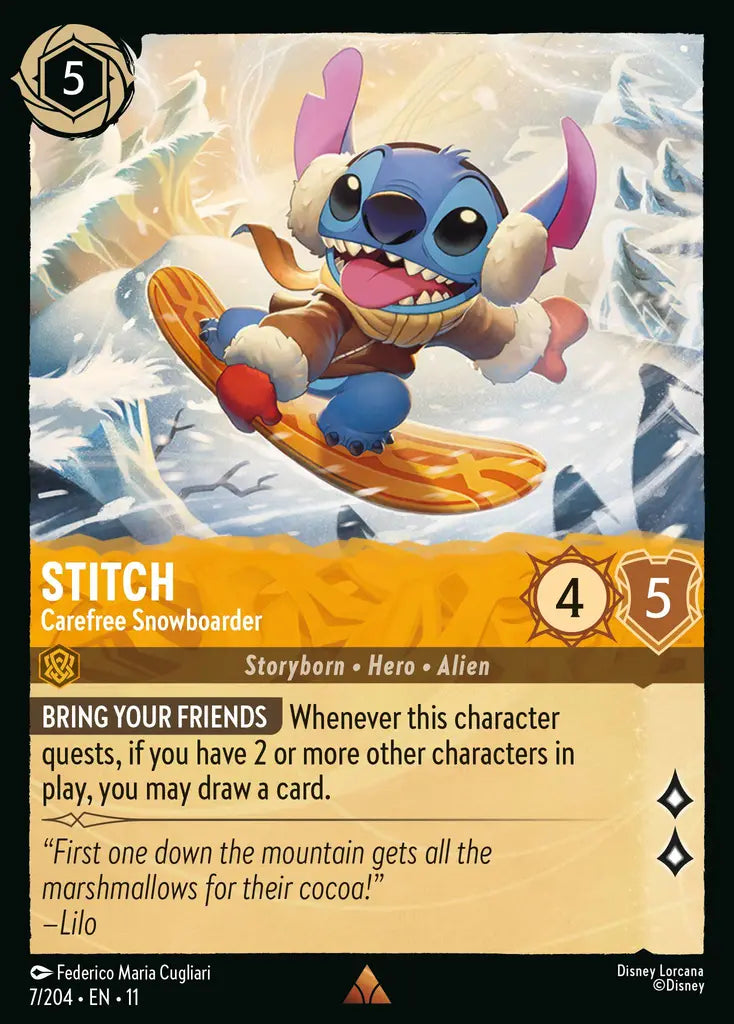 Disney Lorcana Winterspell 007/204 Stitch - Carefree Snowboarder