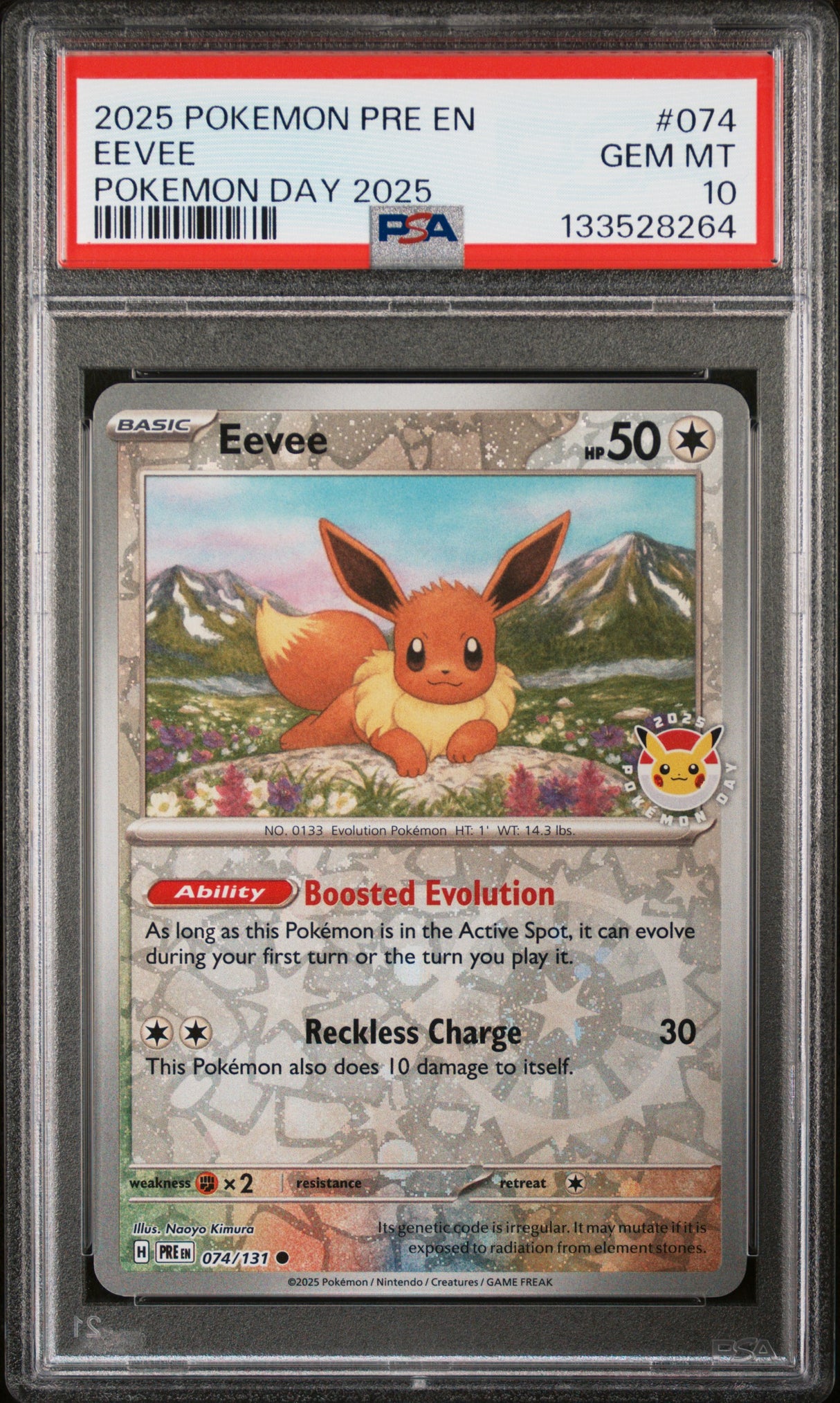 2025 POKEMON PRE EN-PRISMATIC EVOLUTIONS #074 EEVEE POKEMON DAY 2025 PSA 10