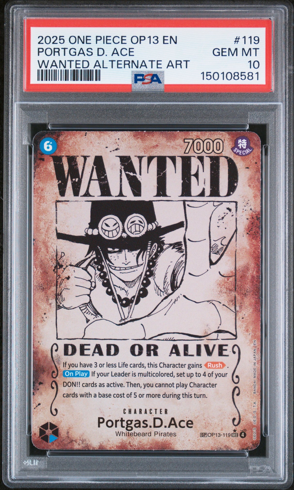 2025 ONE PIECE OP13-CARRYING ON HIS WILL #119 PORTGAS D. ACE WANTED ALTERNATE ART PSA 10 (Error)