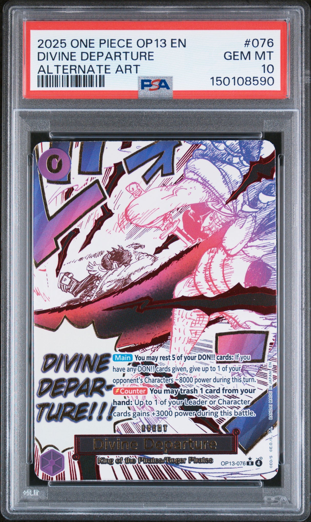 2025 ONE PIECE OP13-CARRYING ON HIS WILL #076 DIVINE DEPARTURE ALTERNATE ART PSA 10