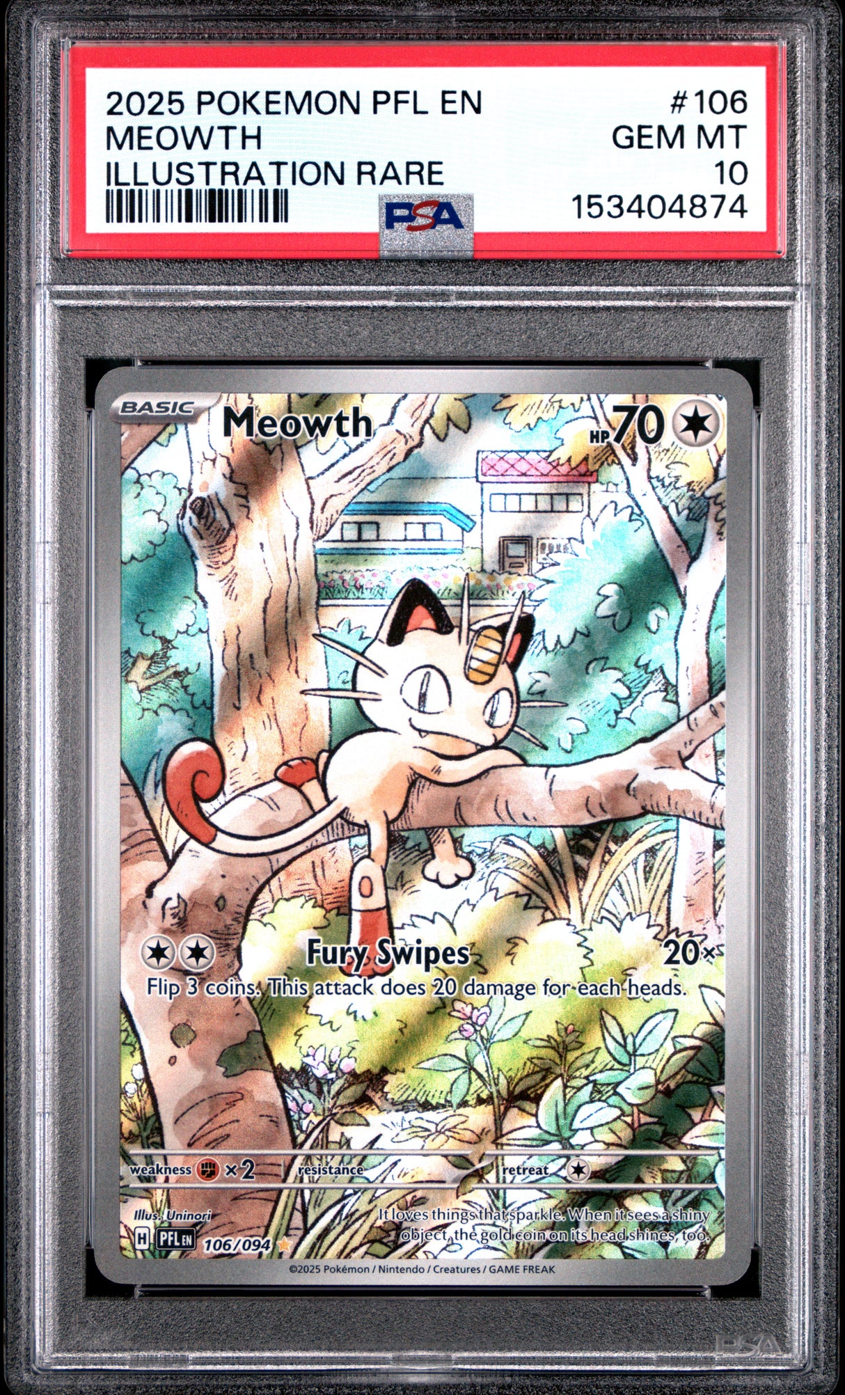 2025 POKEMON PFL EN-PHANTASMAL FLAMES #106 MEOWTH ILLUSTRATION RARE PSA 10