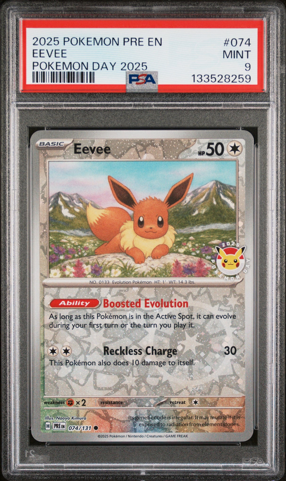 2025 POKEMON PRE EN-PRISMATIC EVOLUTIONS #074 EEVEE POKEMON DAY 2025 PSA 9