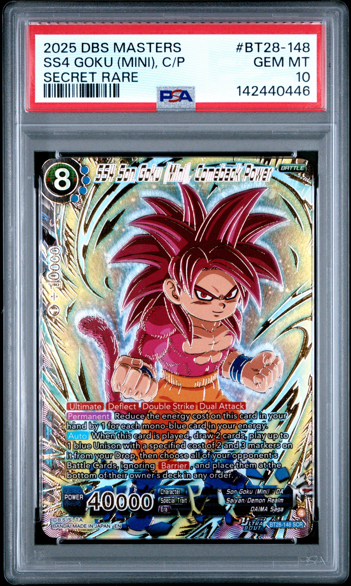 2025 DRAGON BALL SUPER CARD GAME MASTERS SERIES 28 PRISMATIC CLASH #BT28-148 SS4 GOKU (MINI), C/P SECRET RARE PSA 10
