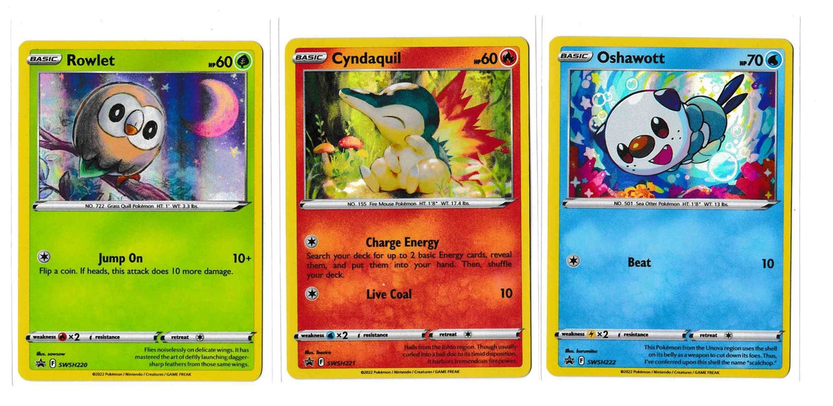 Pokemon - Rowlet Cyndaquil & Oshawott SWSH220/221/222 Holo Black Star Promo
